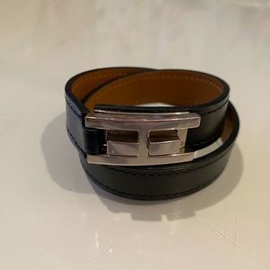 Hermes Drag Double Tour Black Leather and Palladium Bracelet